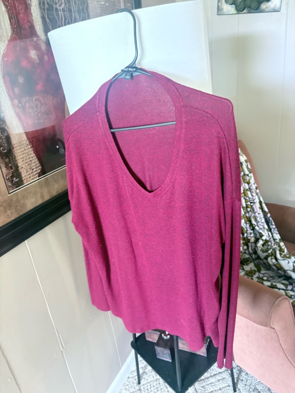 Well Worn Women's V-Neck Sweater in Wine Red